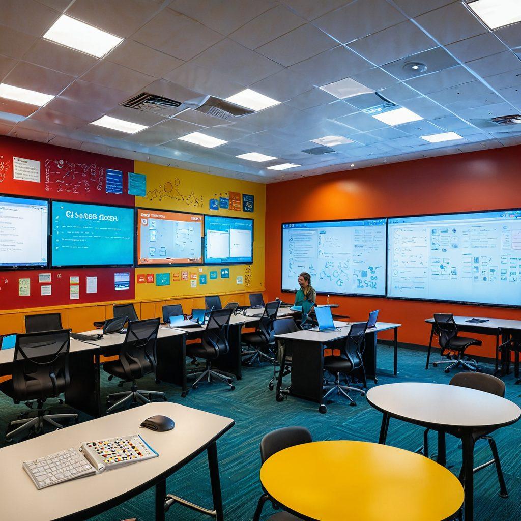 A modern classroom filled with diverse educators engaged in collaborative discussions, surrounded by advanced teaching tools like tablets, interactive whiteboards, and educational software displayed on screens. The setting is vibrant, showcasing a blend of technology and creativity, with charts and inspiring quotes on the walls. Bright and optimistic lighting illuminates the scene, reflecting a future-focused learning environment. super-realistic. vibrant colors. 3D.