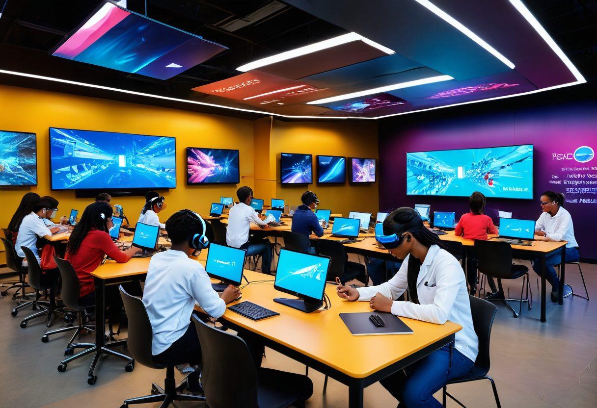 A futuristic classroom with diverse students engaging with holographic displays and virtual reality headsets. Incorporate bright colors and a blend of technology like tablets and interactive screens, showcasing a variety of learning styles. Highlight the collaboration between learners of different backgrounds in a vibrant, optimistic atmosphere. super-realistic. vibrant colors. 3D.