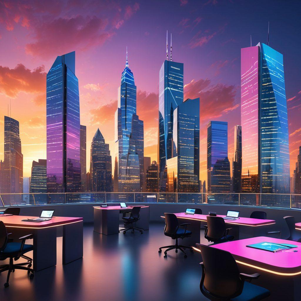 A futuristic classroom equipped with advanced technology, showcasing diverse students engaged in immersive e-learning experiences. Include holographic displays, virtual reality headsets, and interactive screens. The environment should feel vibrant and tech-savvy, with bright colors and sleek designs. In the background, depict a city skyline symbolizing innovation and progress. super-realistic. vibrant colors. 3D.